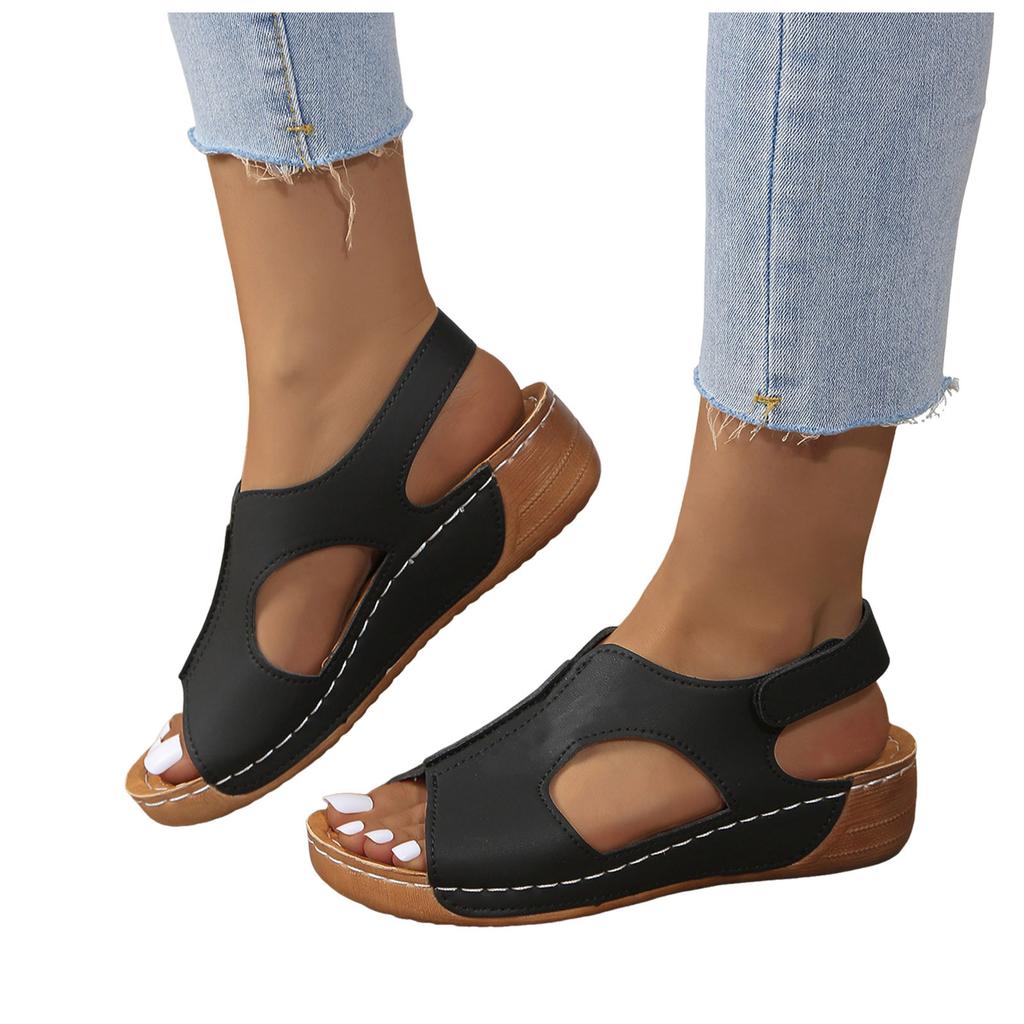 Clog Sandals For Women Leather Ladies Summer Retro Solid Colour Leather Slope Heel Thick Bottom Large Size Fish Sandalias Mujer