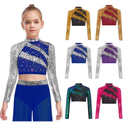 Kids Girls Performance Crop Top: Mock Neck Long Sleeve Sequin Rhinestone Cutout Back Press Button Dance Top for Stage