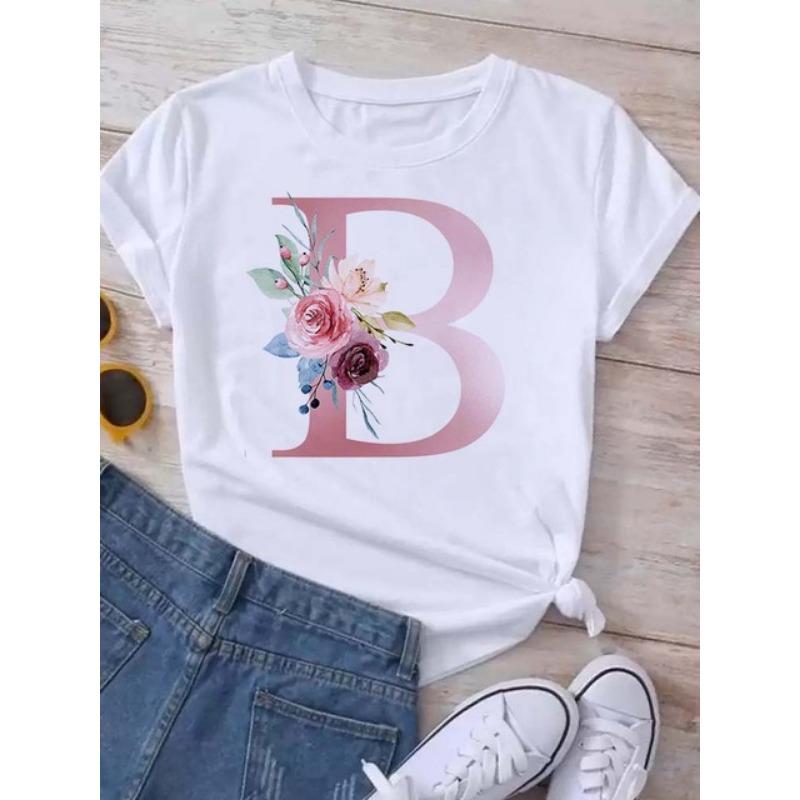Letter combination fashion women's T-shirt pink flower letter font A-Z short sleeved top black T-shirt women