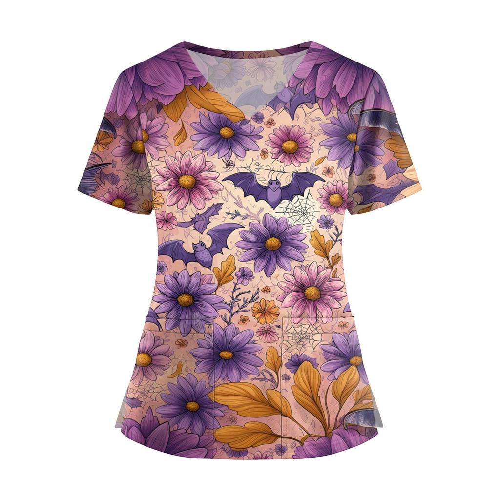 Damenmode V-Ausschnitt Kurzarm Overalls mit Taschen Print Tops Kleidung