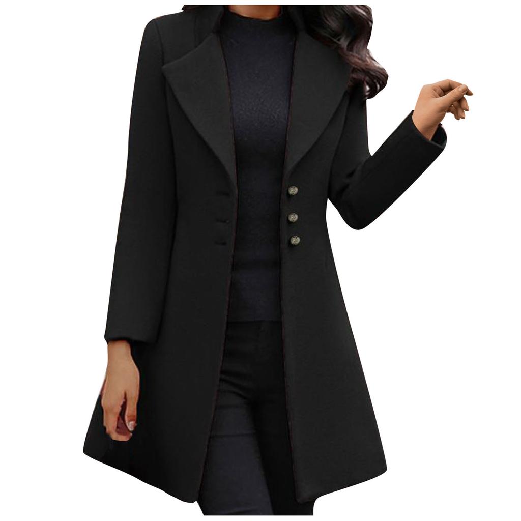 Women Fashion Long Sleeve Woolen Lapel Solid Color Long Jacket Coat