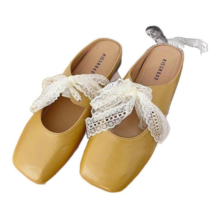 Soft Leather Version~ Lolita Shoes Lace Ballet Flat Bottom Mueller 2025 Spring Lazy Baotou Half Drag Women's Outer Wear