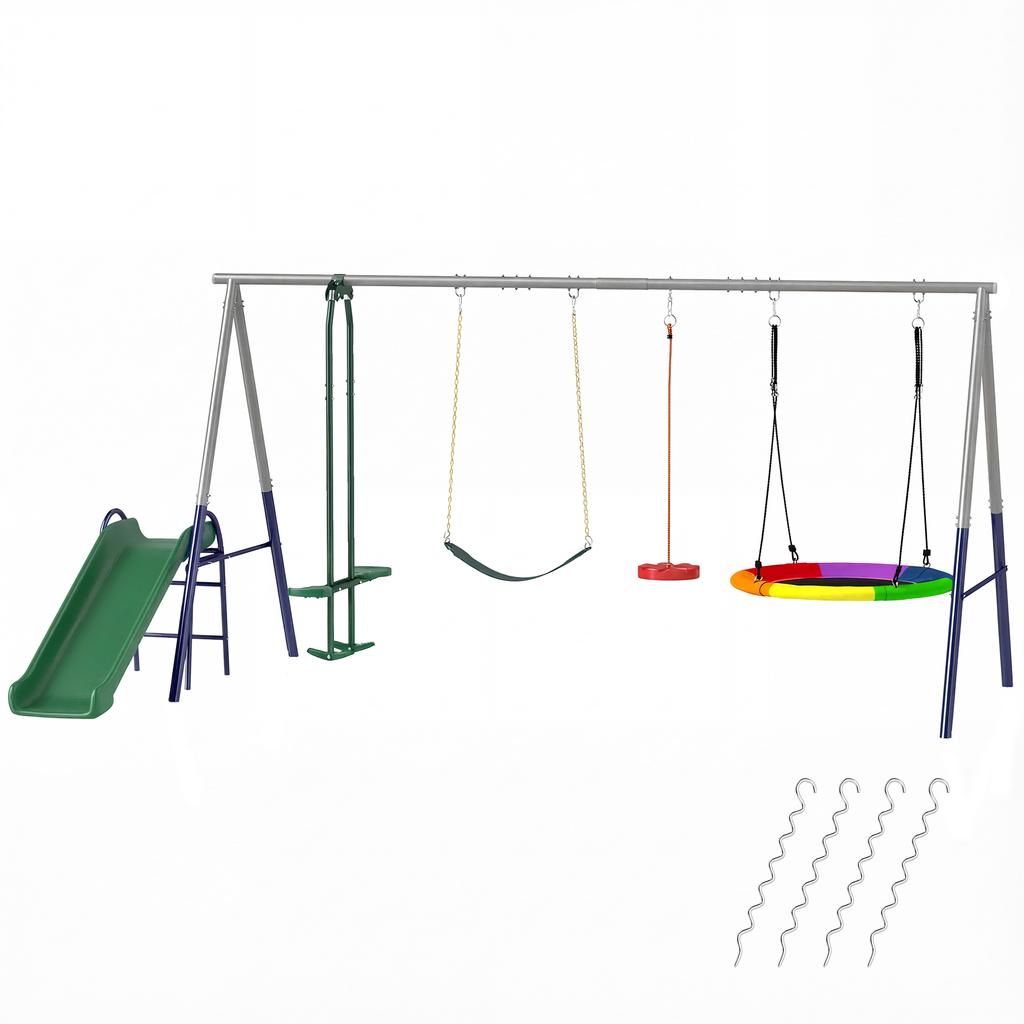 5-in-1 Swing Set with Slide Height-Adjustable Swing Frame with Nest Swing 382x196x203 cm Multicolor
