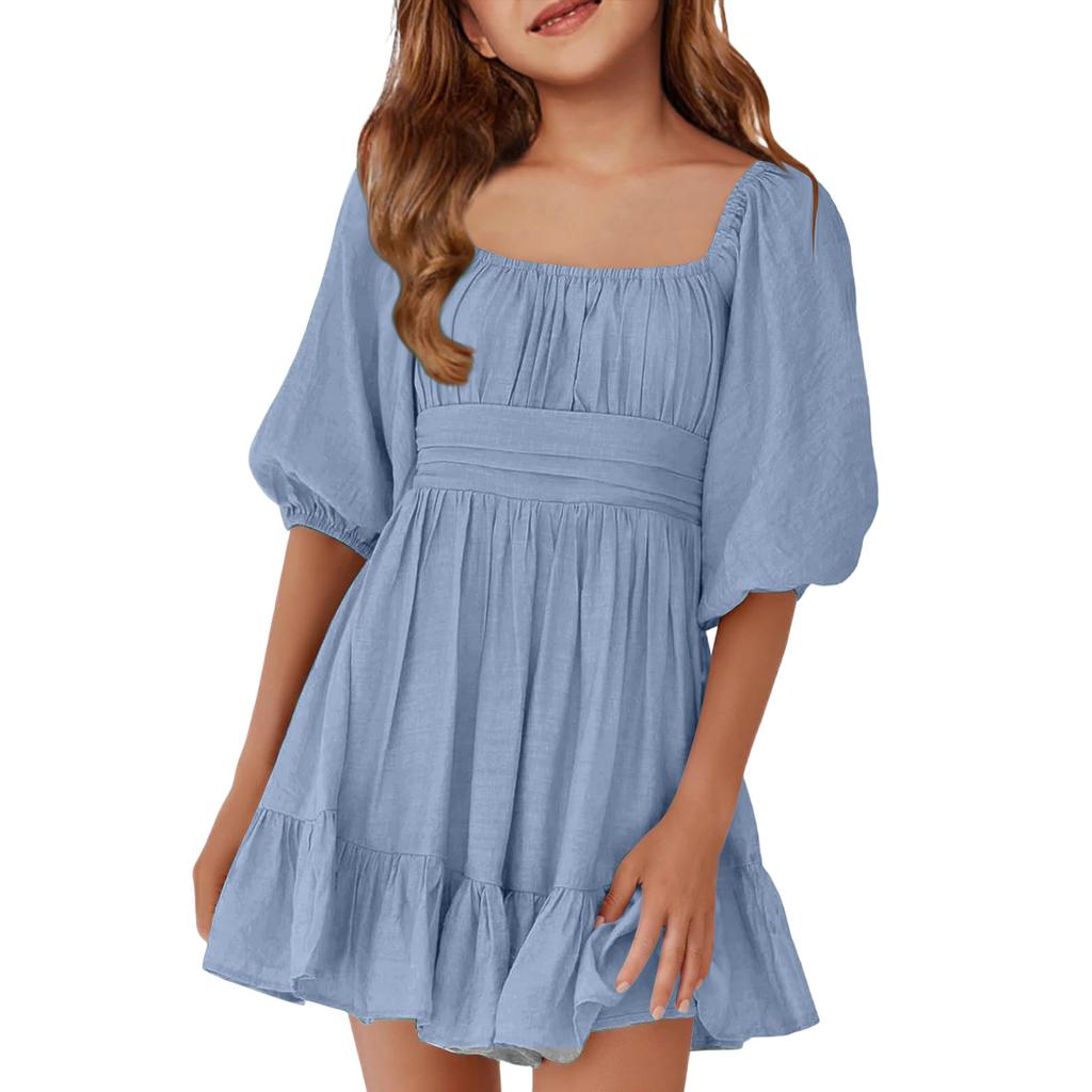 Children's Casual Bubble-Sleeve Backless Waist-Tied Bow-Pleated Dress