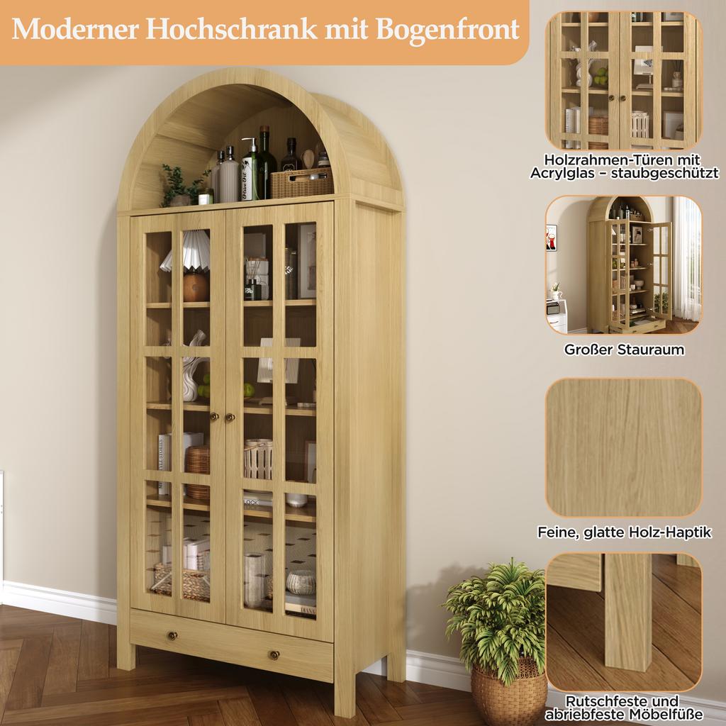 Moderner hoher Schrank in Bogenform mit Einlegeböden und Schublade - Vitrine mit höhenverstellbaren Regalen für Wohnzimmer, Arbeitszimmer, Esszimmer