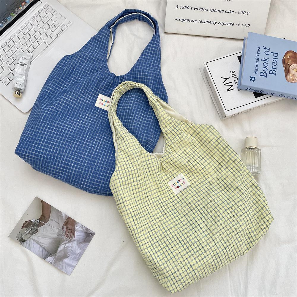 Retro Blue Grid Lazy Shoulder Shopping Bag Women Go Out Leisure Commuter Vest Bag Tote Bag