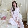 1011 New Island Velvet Pajamas Women's Long Sleeve Pants Crew Neck Cardigan Sweet Wind Lace Loungewear Set