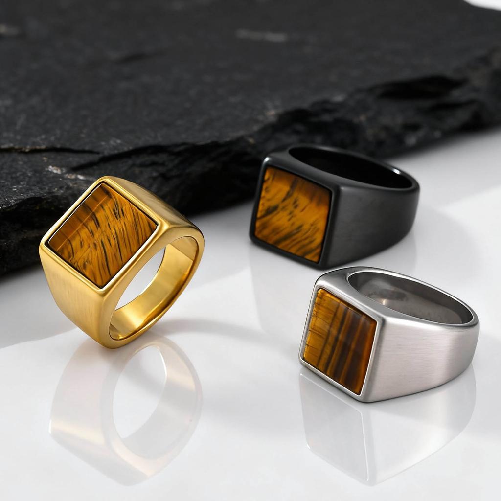 Tiger Eye Stone Ring for Men Boys,Stainless Steel Brown Natural Stone Signet Ring Square Ring,Stylsh Party Jewelry Gift