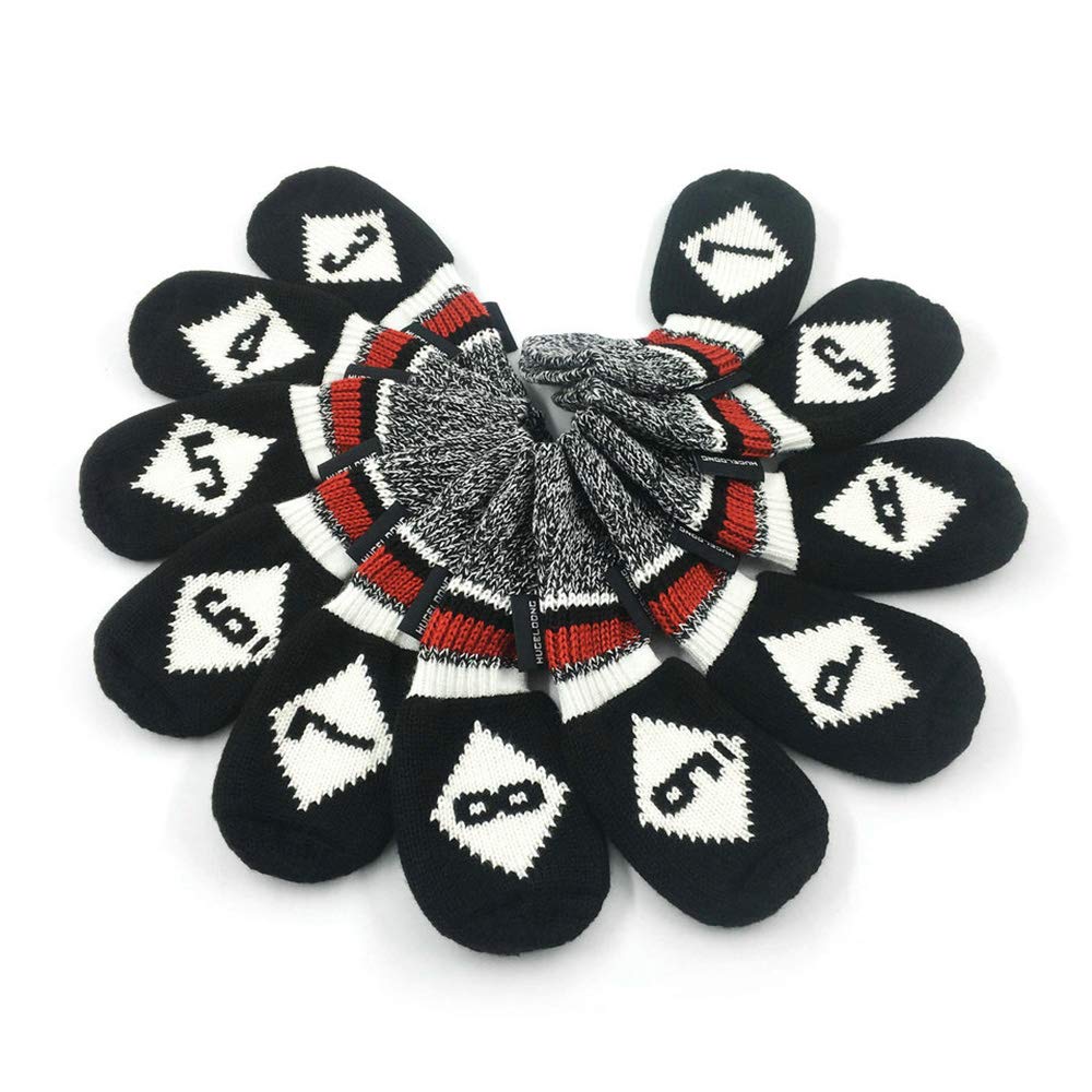 

HUGELOONG Golf Head Covers Iron Covers Knit Thick Holds Clubs Firmly Protects Neck 11 Pieces on Both (3-9, P, A, S, L) (B-Numbers Sides, Black/White)