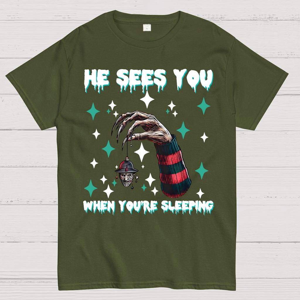 Horror Christmas He Sees You When You Are Sleeping Cotton Summer Casual Cool Loose T-Shirt