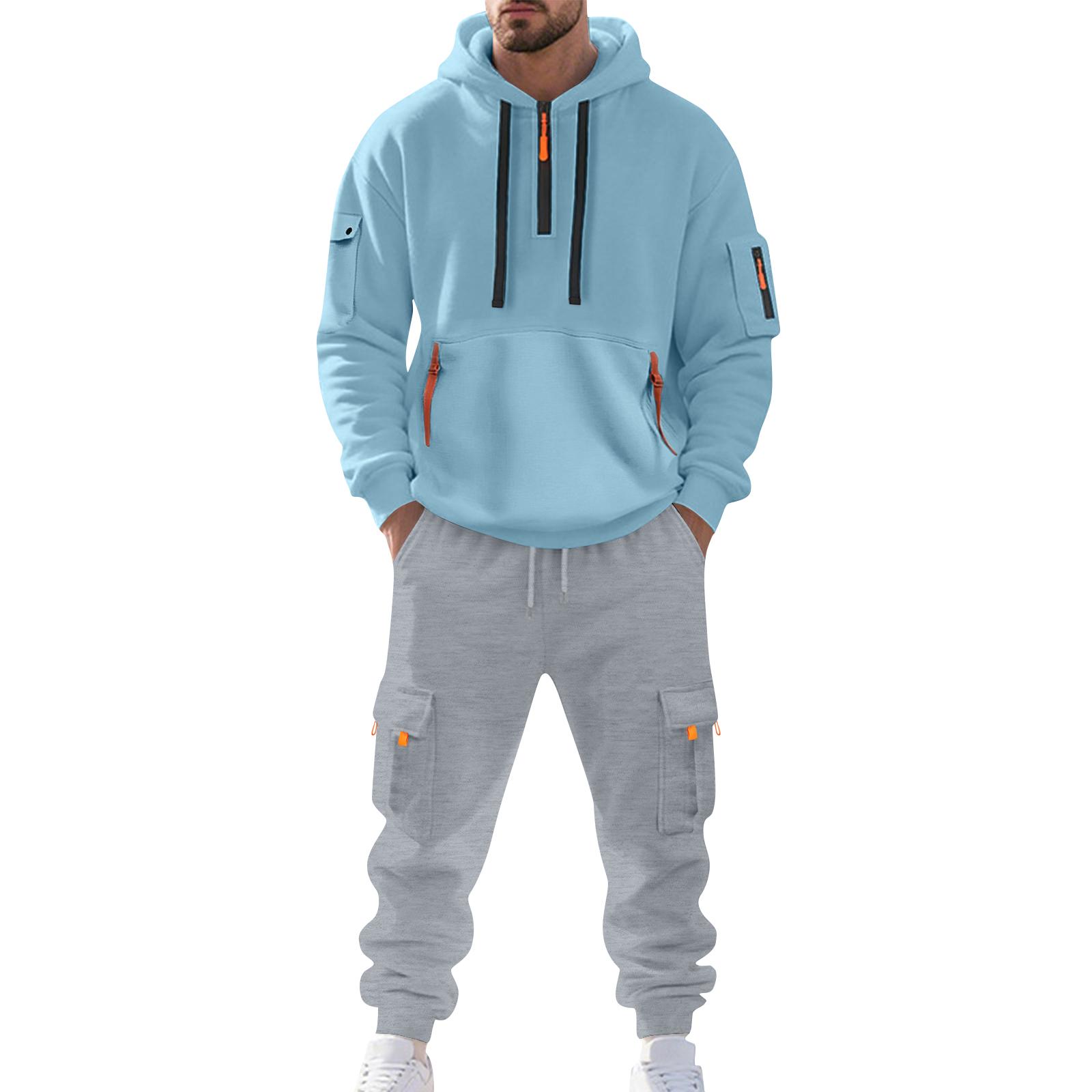 

Мужской однотонный повседневный костюм, свободная спортивная толстовка с капюшоном и карманами, комбинезон с несколькими карманами L