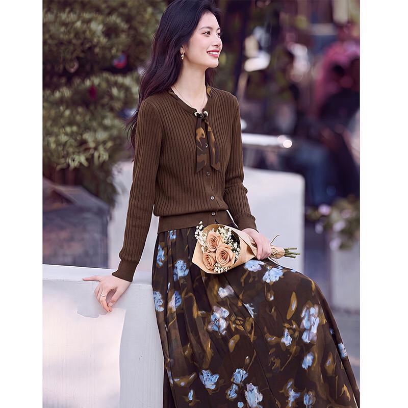 Si Shui Nian Hua Elegant Two-Piece Knit Top and Printed Skirt Set
