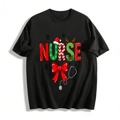 T-shirt Casual à Imprimé Infirmière Thème Noël 100% Coton