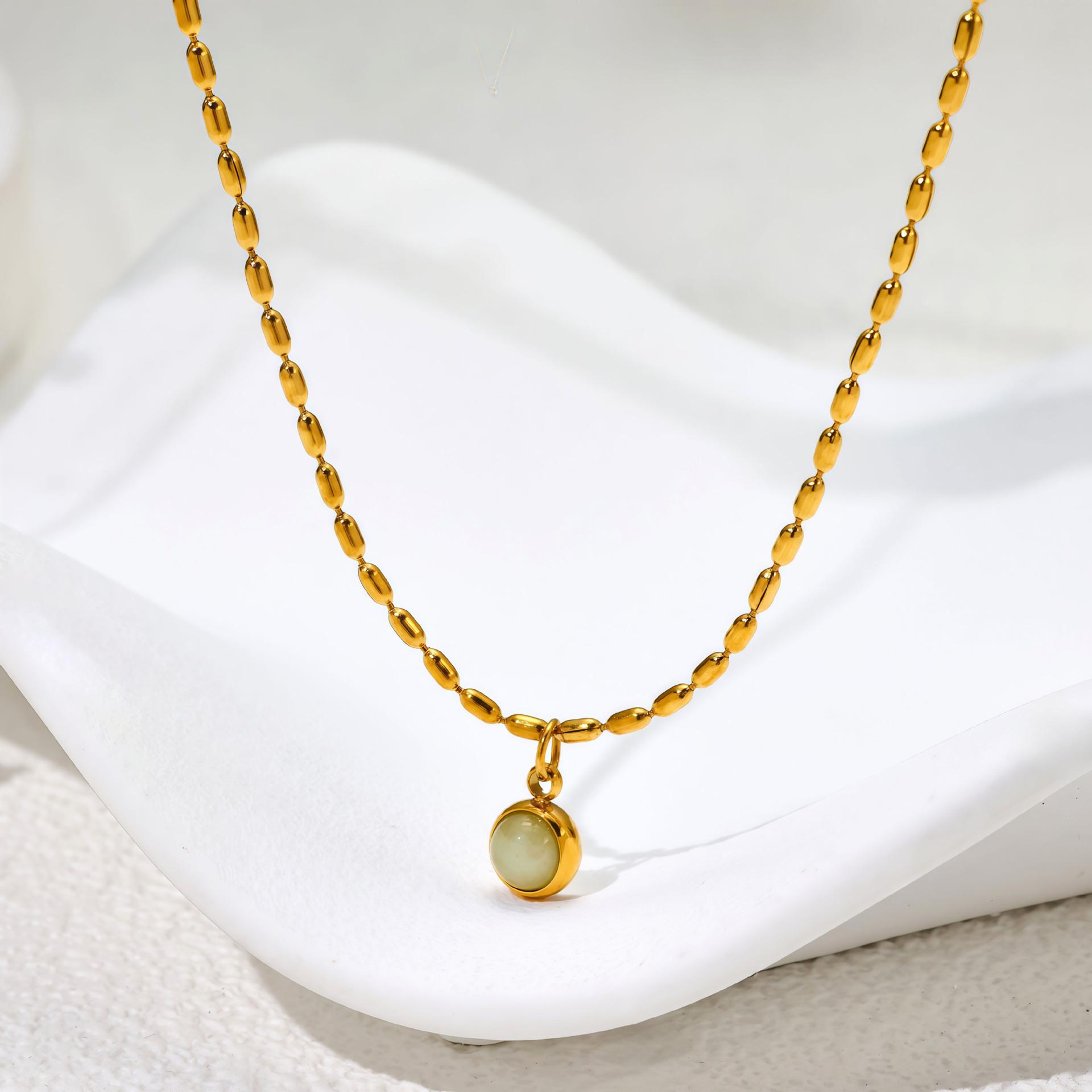 Simple Temperament Dongling Jade Green Bean Titanium Steel Necklace Jade Bead Chain Retro Collarbone Chain Female