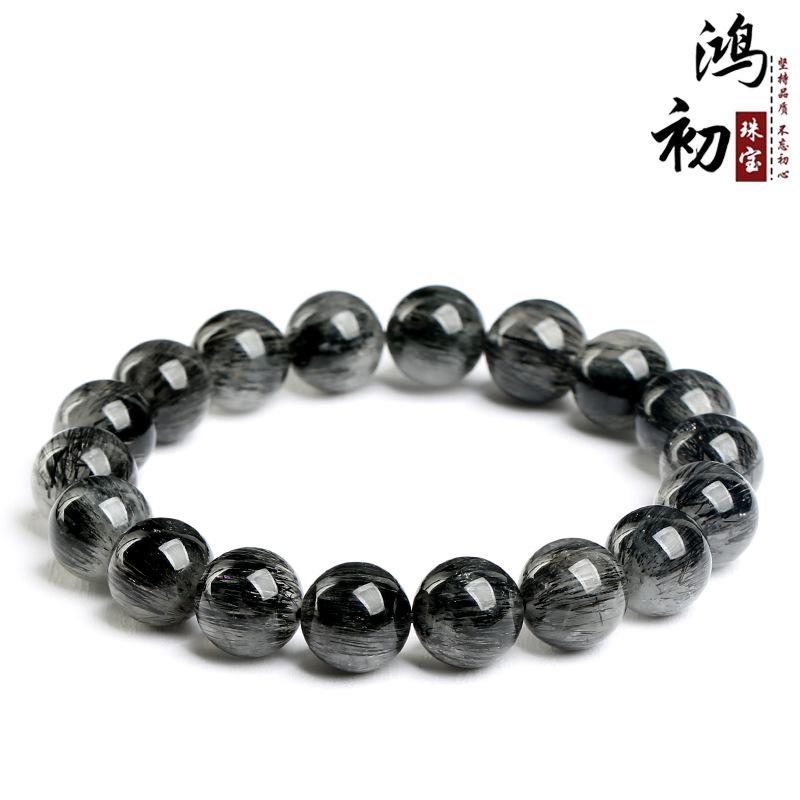 Hongchu Crystal Natural Smooth Black Rutilated Quartz Bead Bracelet Black Rutilated Quartz Smooth Bead Bracelet