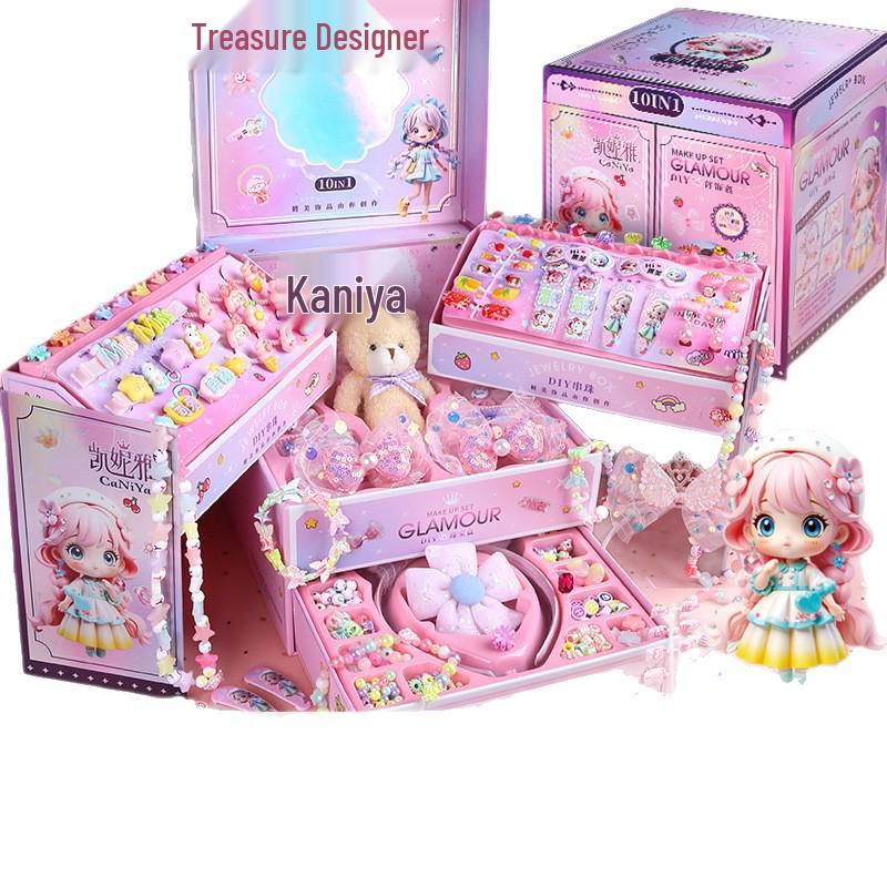 Colorful Beaded Jewelry Set for Girls - Necklace, Bracelet & Hair Accessories Gift Box