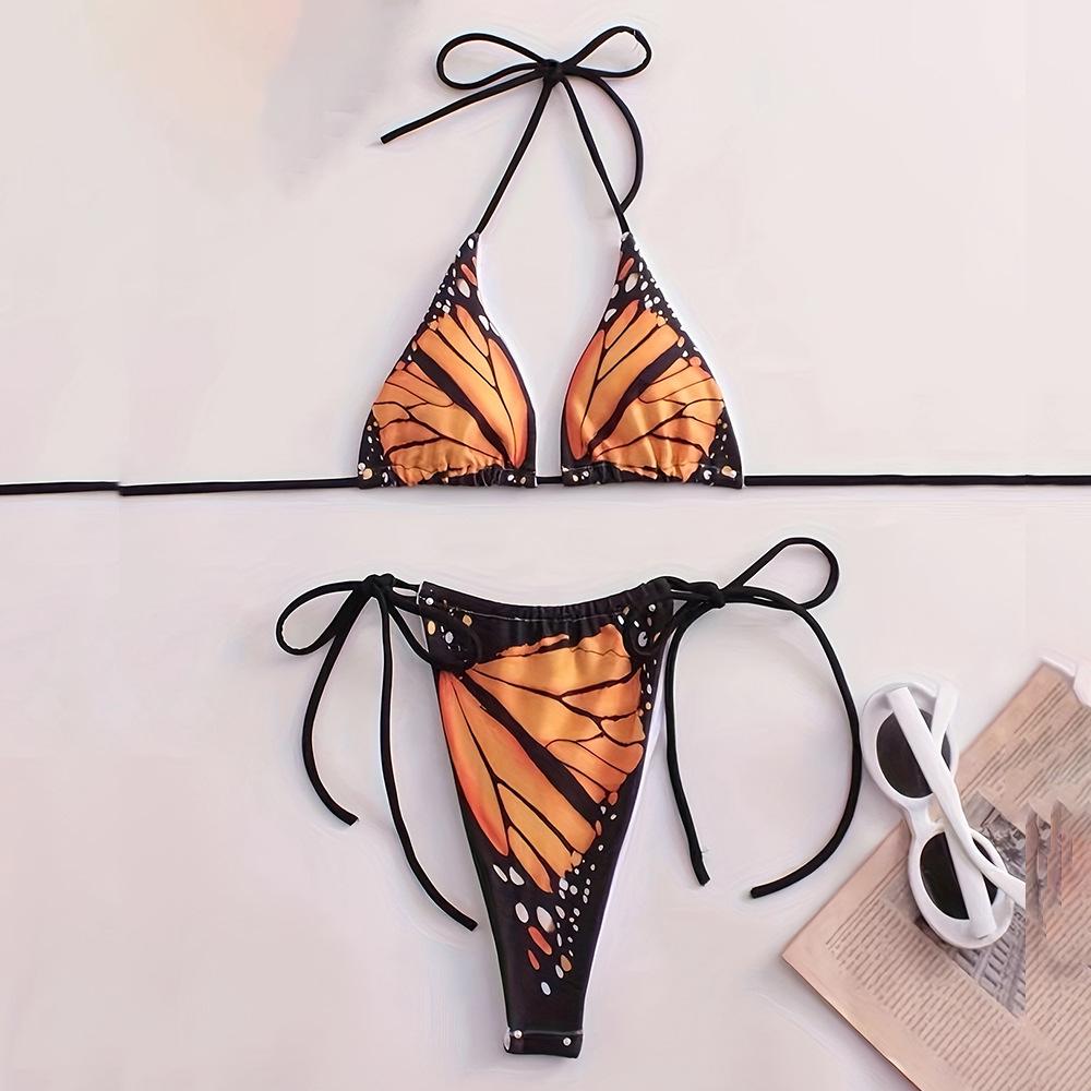 

Женский купальник-трики с принтом бабочек, глубоким V-образным вырезом на спине и без спинки XS