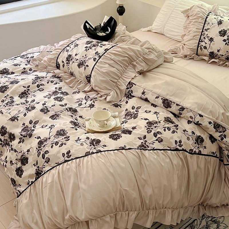 Vintage French Duvet Cover Set, Luxury Black Floral Bedding, Ruffle Design Pillowcases, Girl Woman Bedroom Decor Comforter Cover