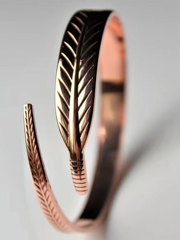 Rose Gold Feather Open Ring, Adjustable Minimalist Stackable Ring For Women