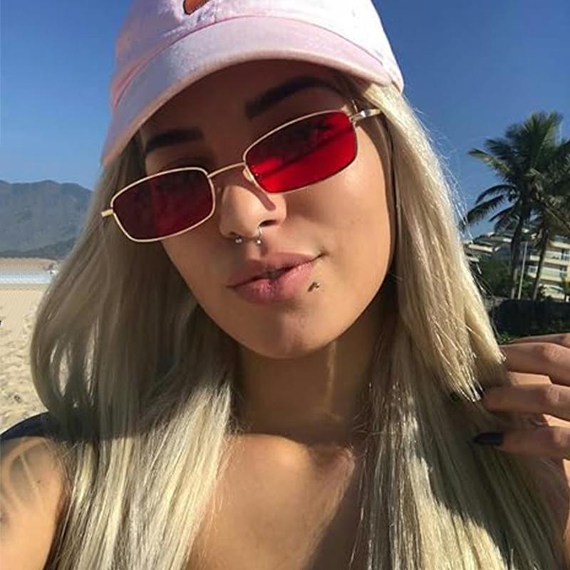 Trendy Vintage Small Slim Skinny Rectangle Sunglasses Women Men Designer Retro Metal Frame Red Lens Hip Hop Sun Glasses S31035