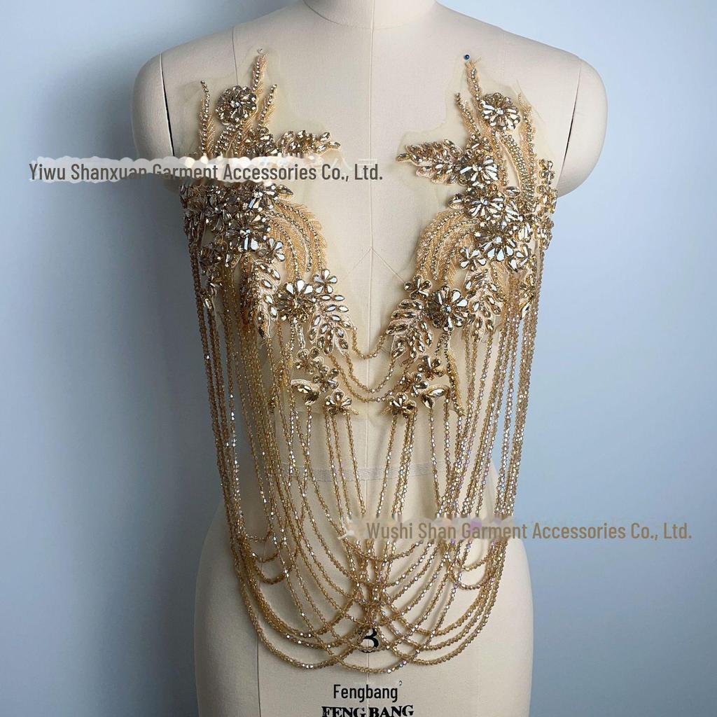 Handmade Beaded Tassel Wedding Dress Shoulder Ornaments with Crystal Diamond Lace Applique