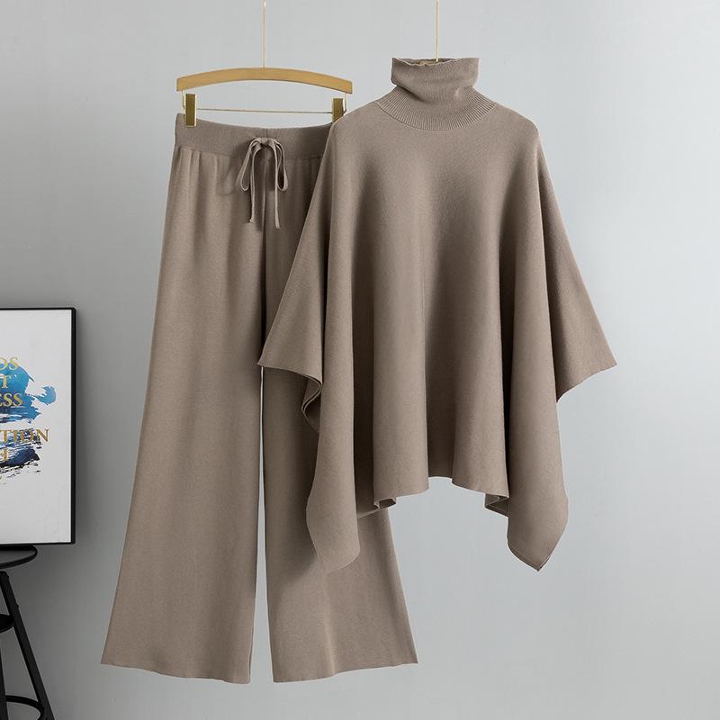 Women's Autumn Winter High Neck Cloak Sweater & Wide Leg Pants Set
