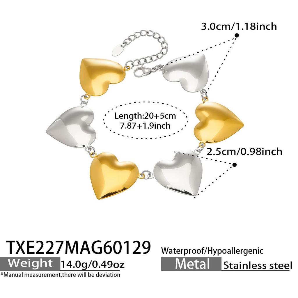 European & American Peach Heart Chain: Simple Style Niche Design Heart Bracelet & Necklace Set, 18k Gold-Plated Stainless Steel.