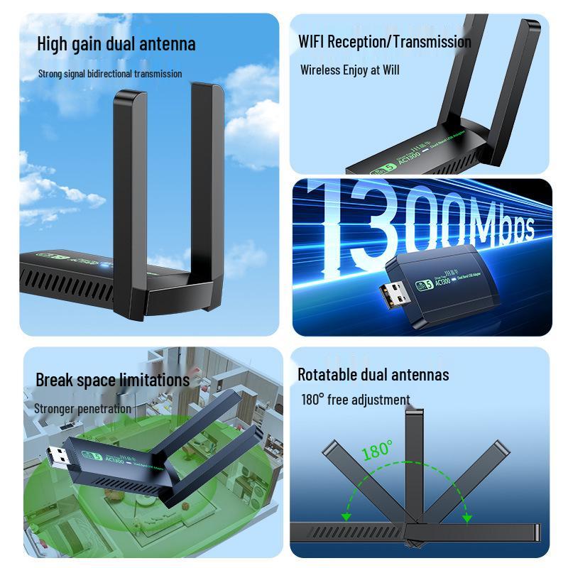 Regent 1300M USB WiFi 5 Dual-Band Wireless Network Card for Desktop & Laptop (5G, Driver-Free)
