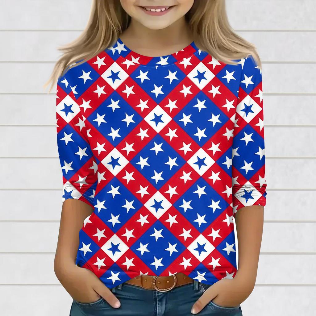Print Tops For Youth Girls 3-10 Years Round Neck 3/4 Sleeves T-Shirts Trendy Tops Outfit Tees