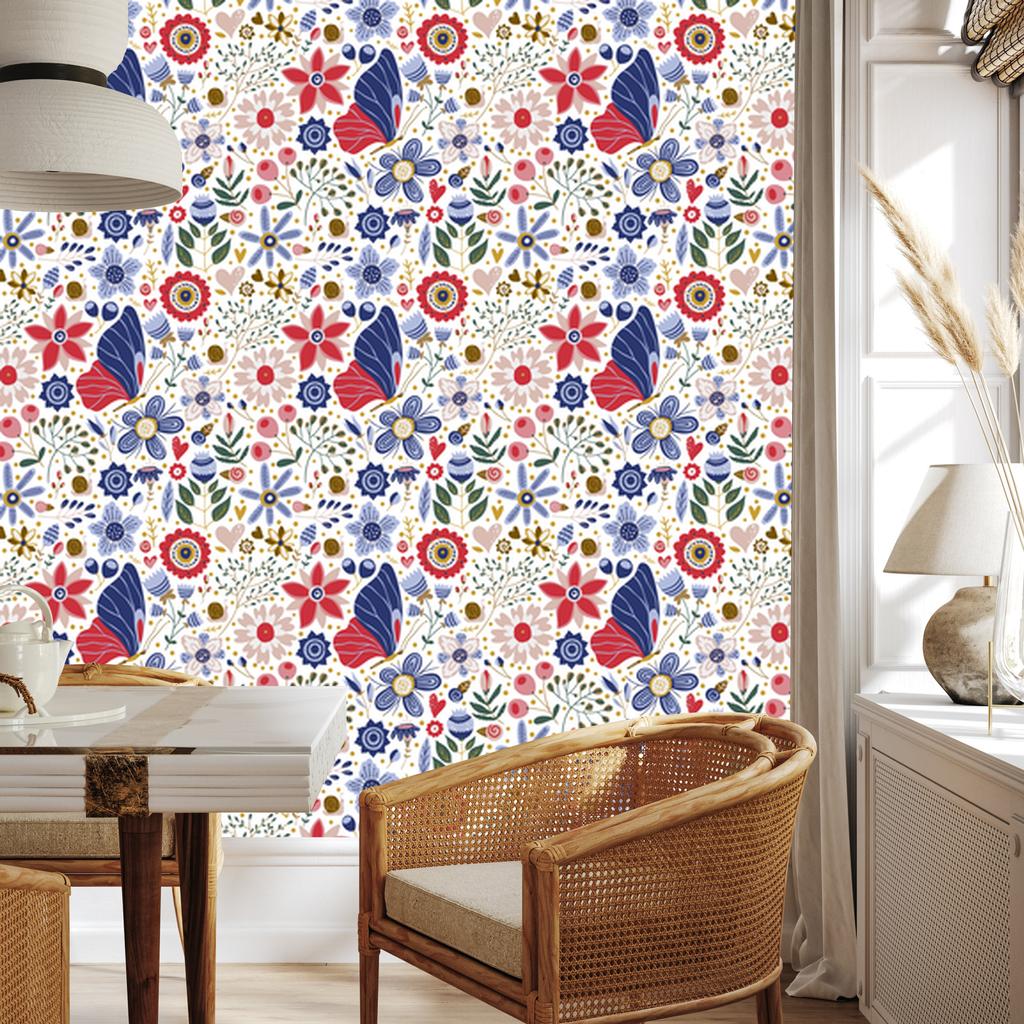 Folk Flowers Wallpaper White and Blue for Living Room and Bedroom 50x1000