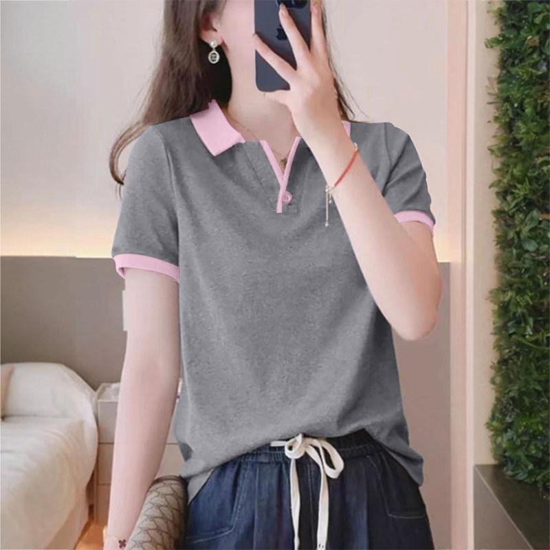 Lapel short sleeve t-shirt women's summer color block polo shirt top