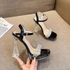 New Rhinestone Summer One-word Fashion Sandals Open-toed Sexy Transparent Belt Hate Sky High Waterproof Table High Heels