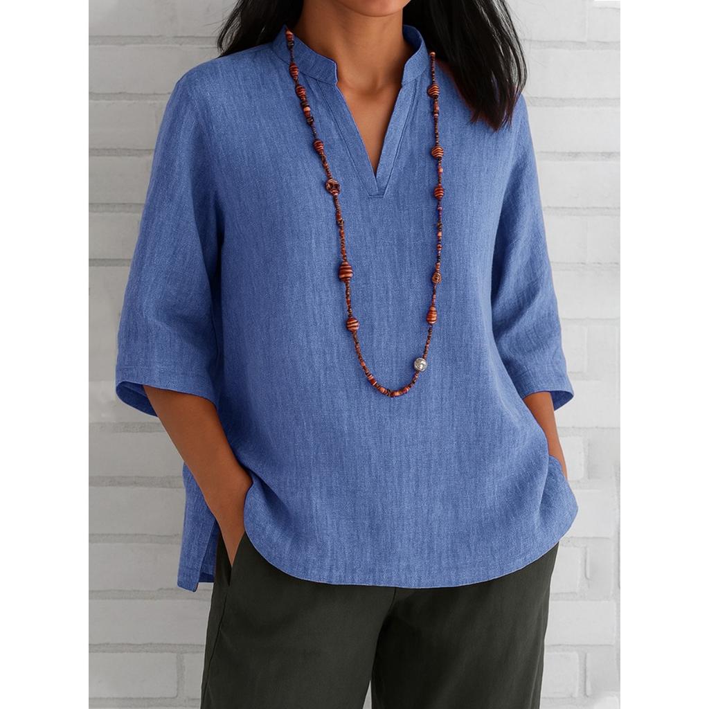 New Summer Women's Casual Loose Linen Cotton Shirt, V Neck Three Quarter Sleeve Blouse for European American, Fit Daily Wear