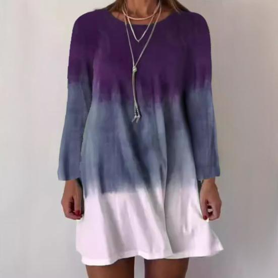 Dámské šaty s dlouhým rukávem s barevným přechodem, potištěné šaty volného střihu, pulovr s kulatým výstřihem