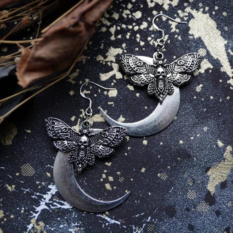 Gothic Vintage Moth Ear Hoops For Women Girls Fashion Pagan Witch Jewelry Accessories Gift Moon Moth Charm Pendant Earrings New