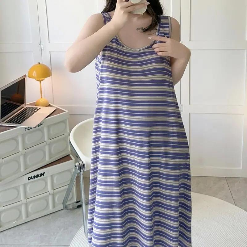 Plus Size Striped Vest Nightdress Women Summer Sleeveless Loungewear Ins Trend Loose Long Dress Pajamas Homewear