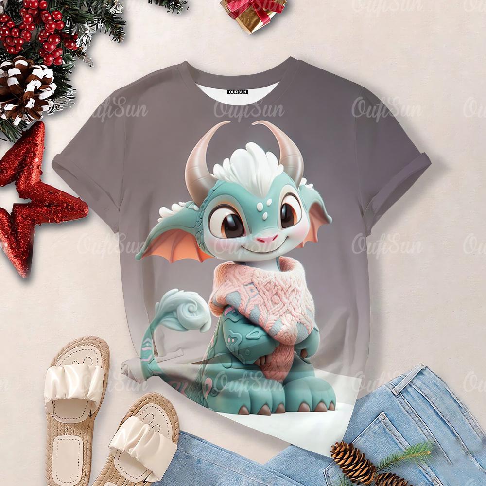 Cartoon Dragon Print T-Shirt Children's T-shirt Summer O Neck Short Sleeve Tees Female Oversized Harajuku Clothing Casual Streetwear Tops