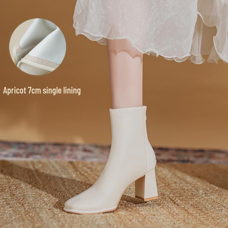 

Women s Chunky Heel White Short Boots – Autumn/Winter 2025, Plus Velvet, Fashionable, Skinny Fit Size 34