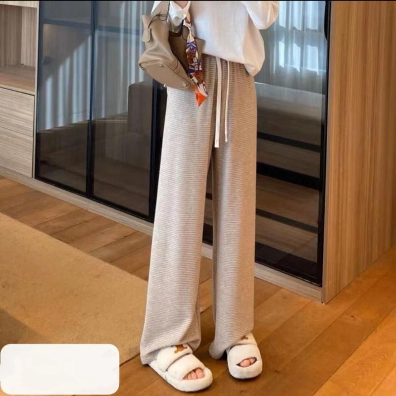 Autumn Winter New Wide Leg Pants Women High End Knit Stripe Loose Slim Drape Lazy Style Floor Length Long Pants