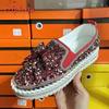 Fashion Aphixta Fashion Big Size 42 43 Flats Women Leather Loafers Flat Platform Wine Red Shoes Crystal Sequined Bow Casual Shoes