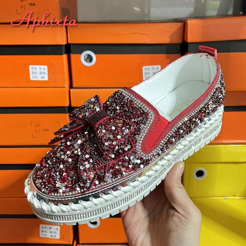 Fashion Aphixta Fashion Big Size 42 43 Flats Women Leather Loafers Flat Platform Wine Red Shoes Crystal Sequined Bow Casual Shoes