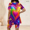 Women Plus Size Two Piece Outfit Crew Neck Short Sleeve Side Slit Top And Biker Shorts Rainbow Heart Print Set