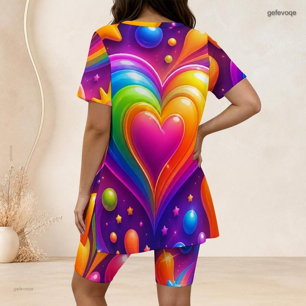 Women Plus Size Two Piece Outfit Crew Neck Short Sleeve Side Slit Top And Biker Shorts Rainbow Heart Print Set