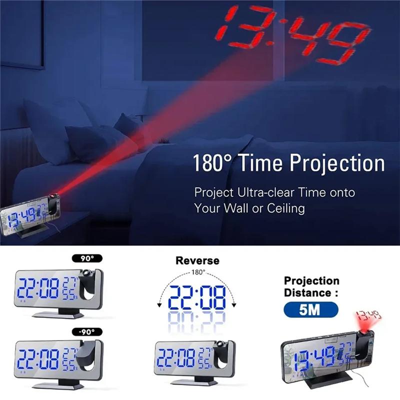 USB Powered LED Digital Projection Clock Mirrow Radio Temperature Humidity Brightness Adjustment Snooze Home Desktop Decoration