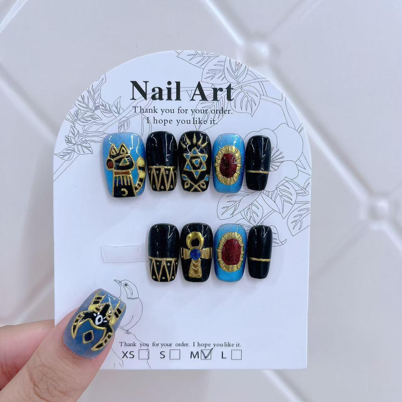 Elegance by Aegis: Handmade Enamel Cloisonné Egyptian Cat Sunflower False Nails Extra Small