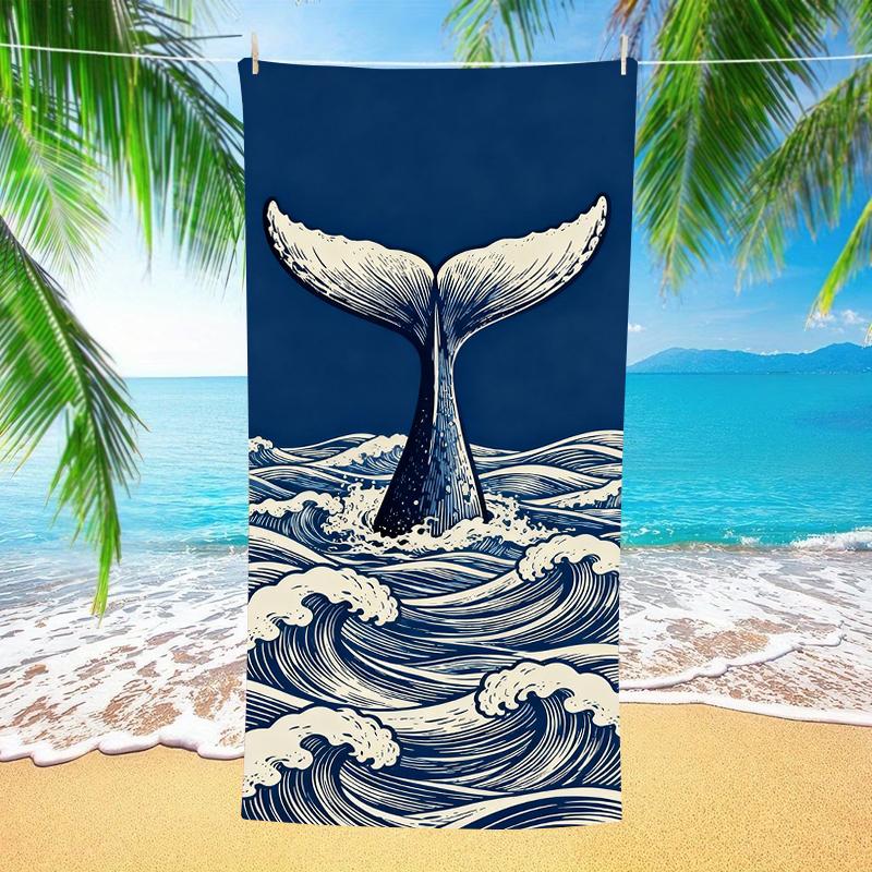 Whale Tail Wave Beach Towel Vintage Dark Blue Ocean Print Quick Dry Absorbent Towel for Beach Pool Summer Vacation