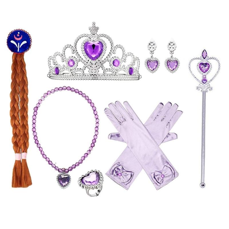 Princess Costume Accessories Birthday Party Clothing Set Gloves Crown Necklace and Hair Braid for Girls' Dress Up