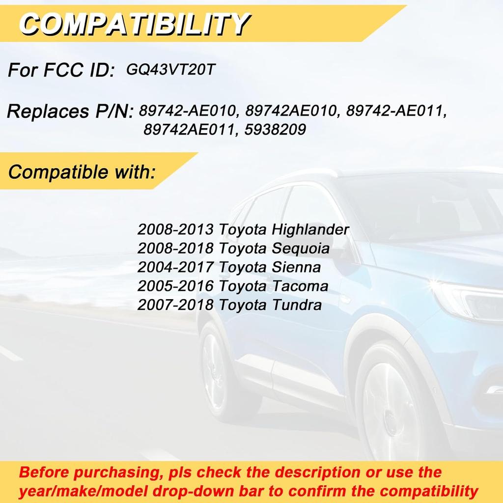 Key Fob Replacement for 2008-2013 Toyota Highlander/ 08-18 Sequoia/ 04-17 Sienna/ 05-16 Tacoma/ 07-18 Tundra Car Keyless Entry Remote