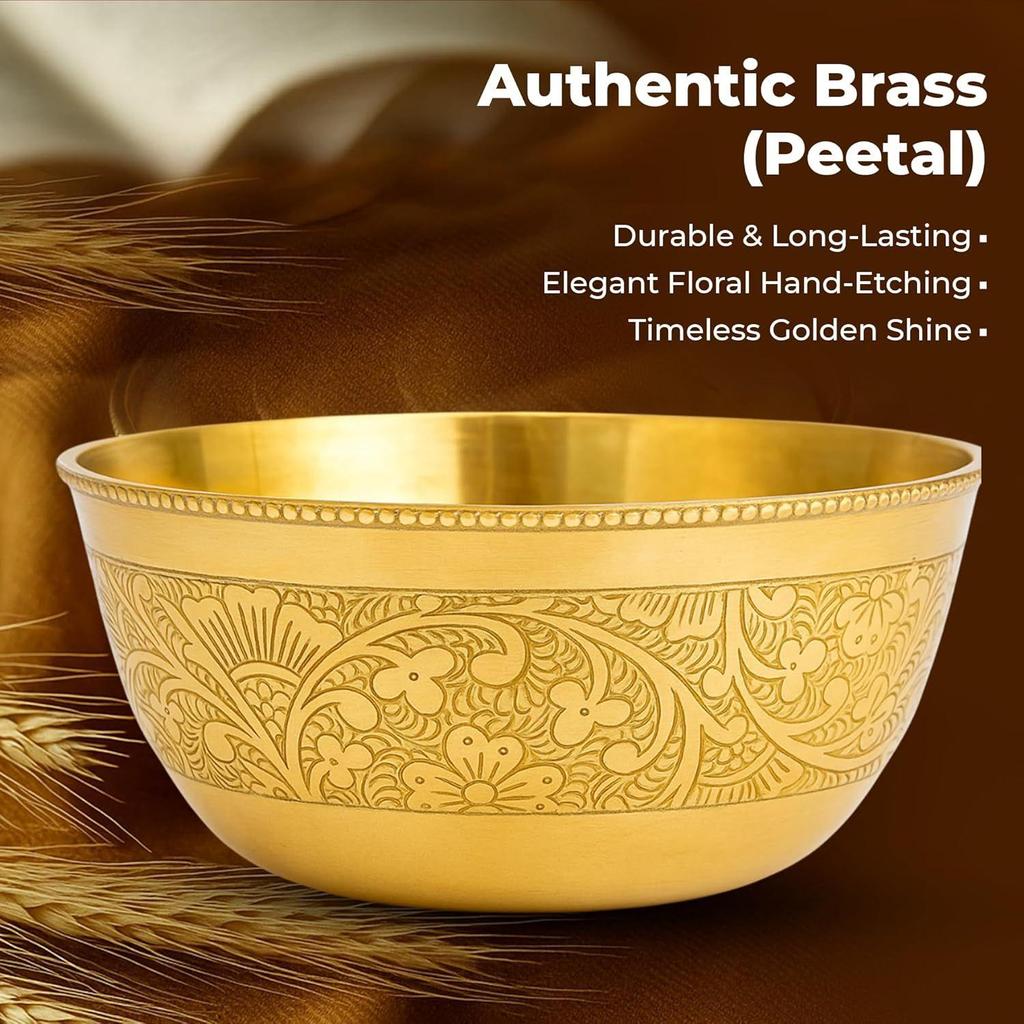 Brass Dining Bowl | Peetal ki Katori | Floral Etching Gold Bowl for Dining & Pooja | Traditional Handcrafted Brass Serving Bowl