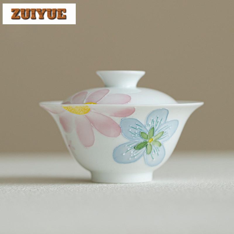 120ml Hand-painted Full Of Flowers Gaiwan Traditional Tea Tureen Tea Bowl With Lid Kit Tea Brewing Cover Bowl Teaware Decoration